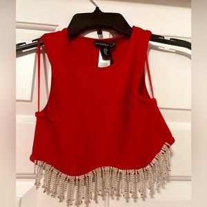 Red Fringe Rhinestone Crop Top